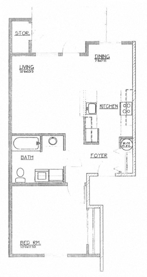 1 Bedroom, 1 Bath Floor Plan